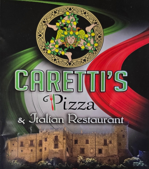 Caretti's Pizza & Italian Restaurant artwork with the Sicilian Trinacria emblem, Italian flag colors and a castle
